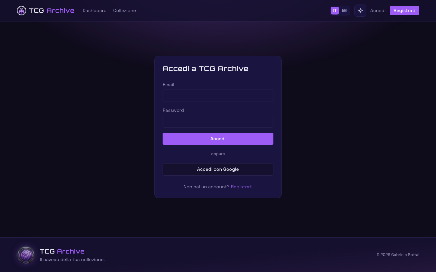 TCG Archive — web app per la gestione della collezione di carte